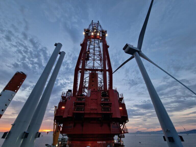 jack-up vessel undertaking offshore installation off the coast of Kitakyushu, Japan