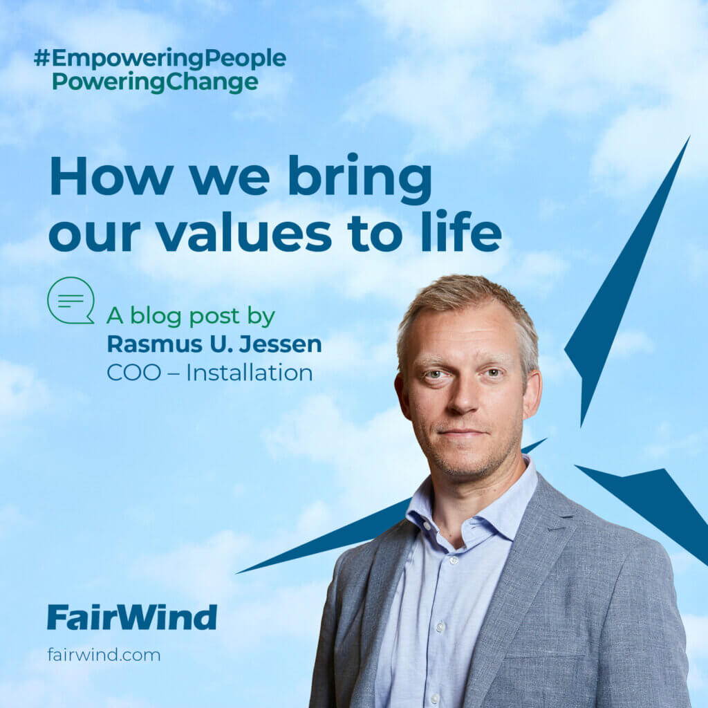 VIP Award committee member Rasmus U. Jessen discusses FairWind's values. Image of him in a blue graphic with wind turbine blades behind him and blog title